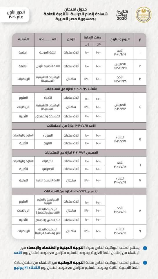 جدول الثانوية العامة 2020